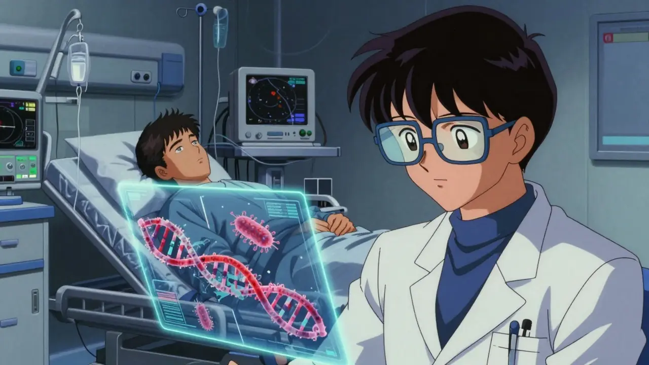 Doctor analyzing a resistant superbug on a hologram in a futuristic hospital ward.