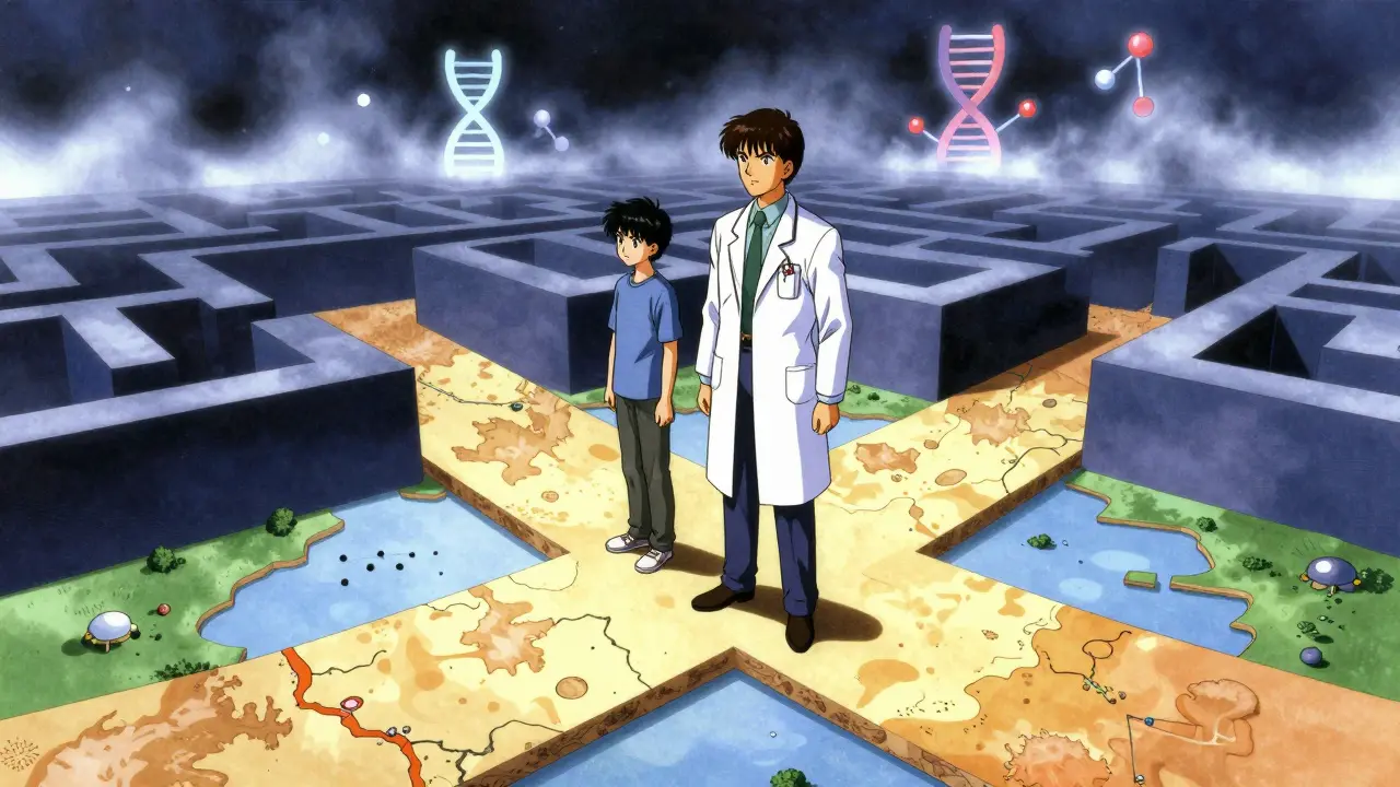 Doctor and patient navigating a surreal, half-finished map of medical research in 90s anime style.