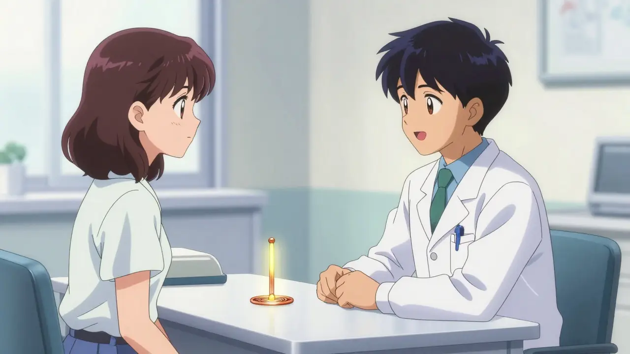 Patient and doctor discussing a copper IUD as a safe alternative in 90s anime style.