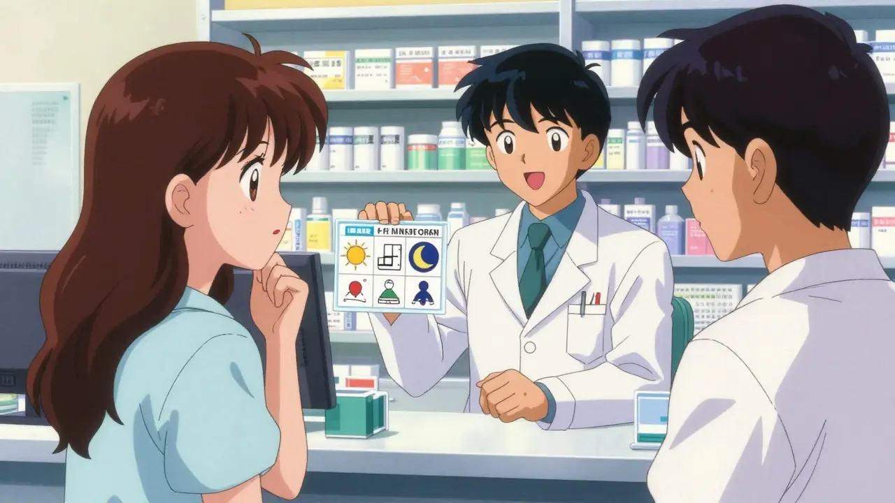 Pharmacist showing a patient visual pictograms for medication timing in 90s anime style