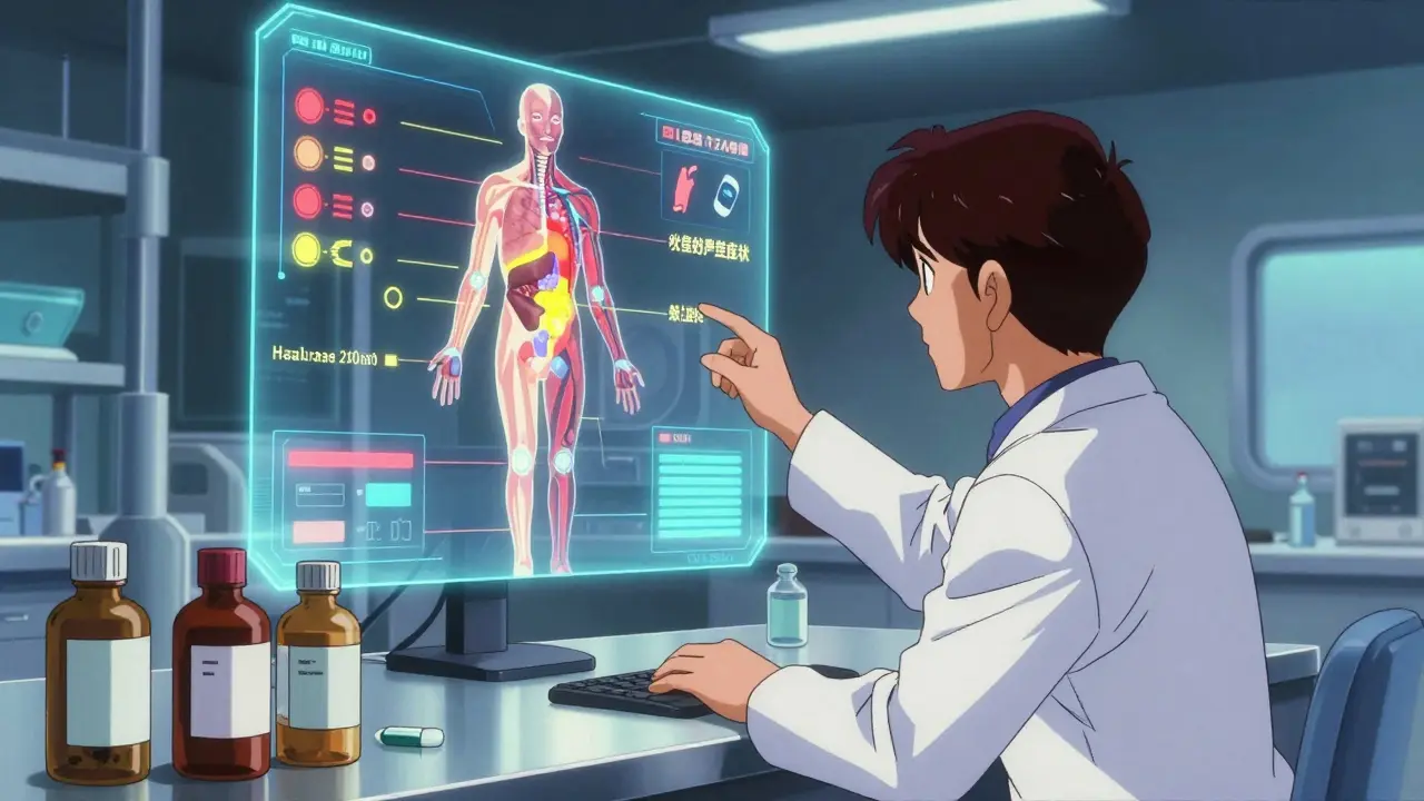 Scientist analyzing a holographic human body with highlighted organs in a 90s anime medical lab.