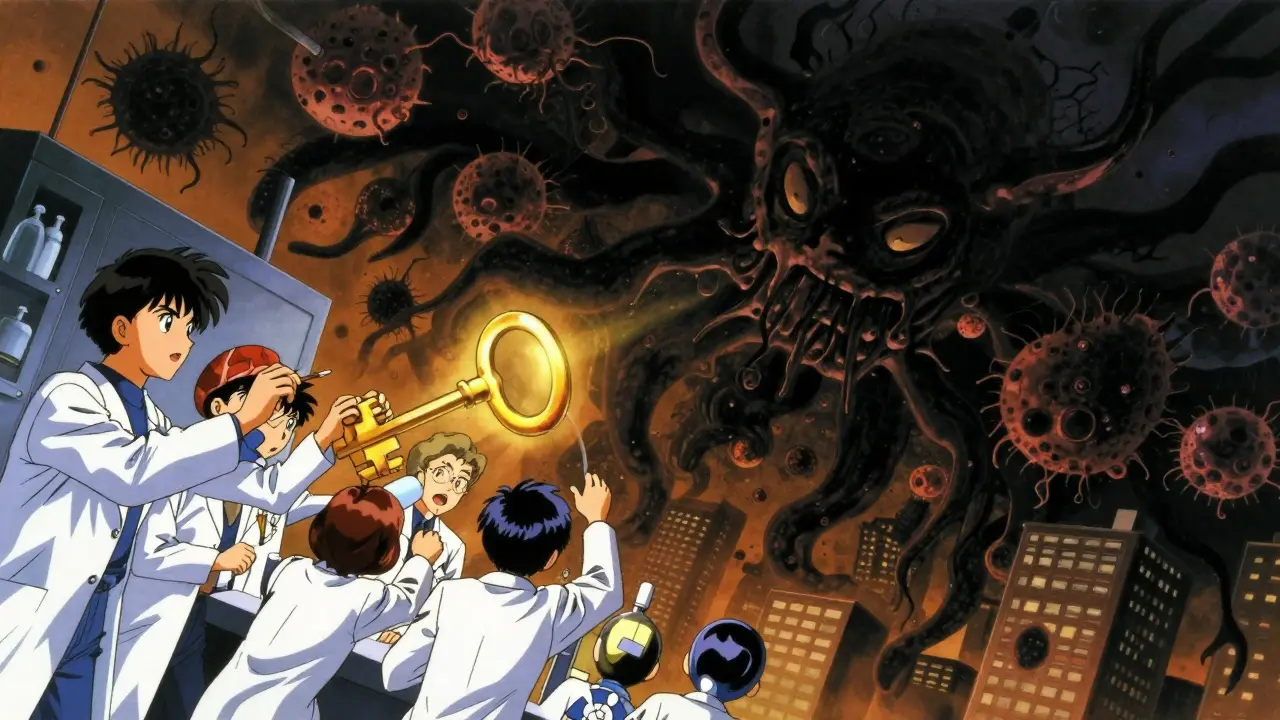 Scientists creating a new drug while a shadow of resistant bacteria looms over a city.