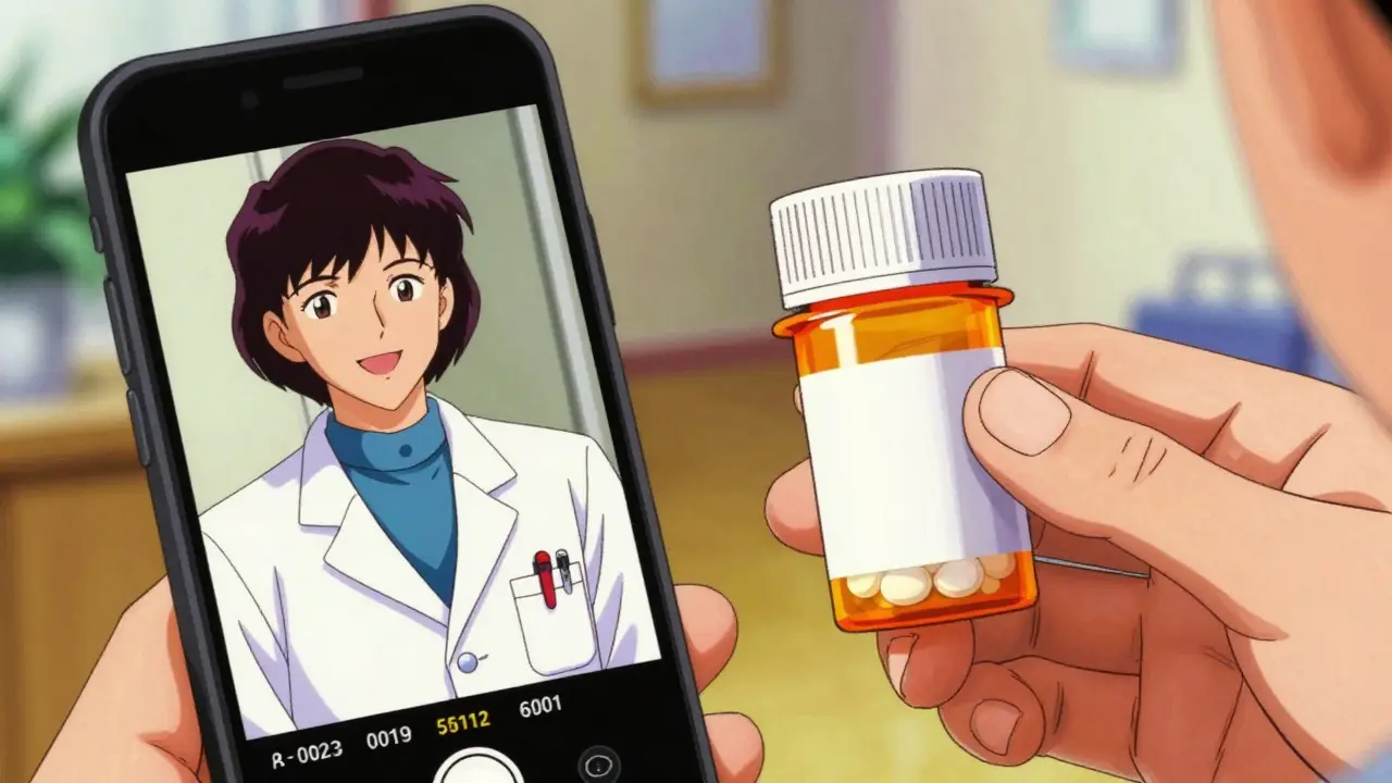 Split screen showing a telemedicine doctor call and a bottle of generic pills.