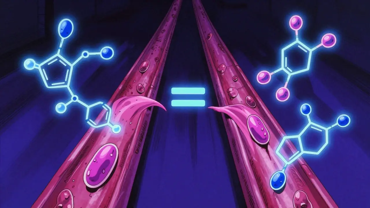 Stylized 90s anime illustration of two identical medications entering a bloodstream