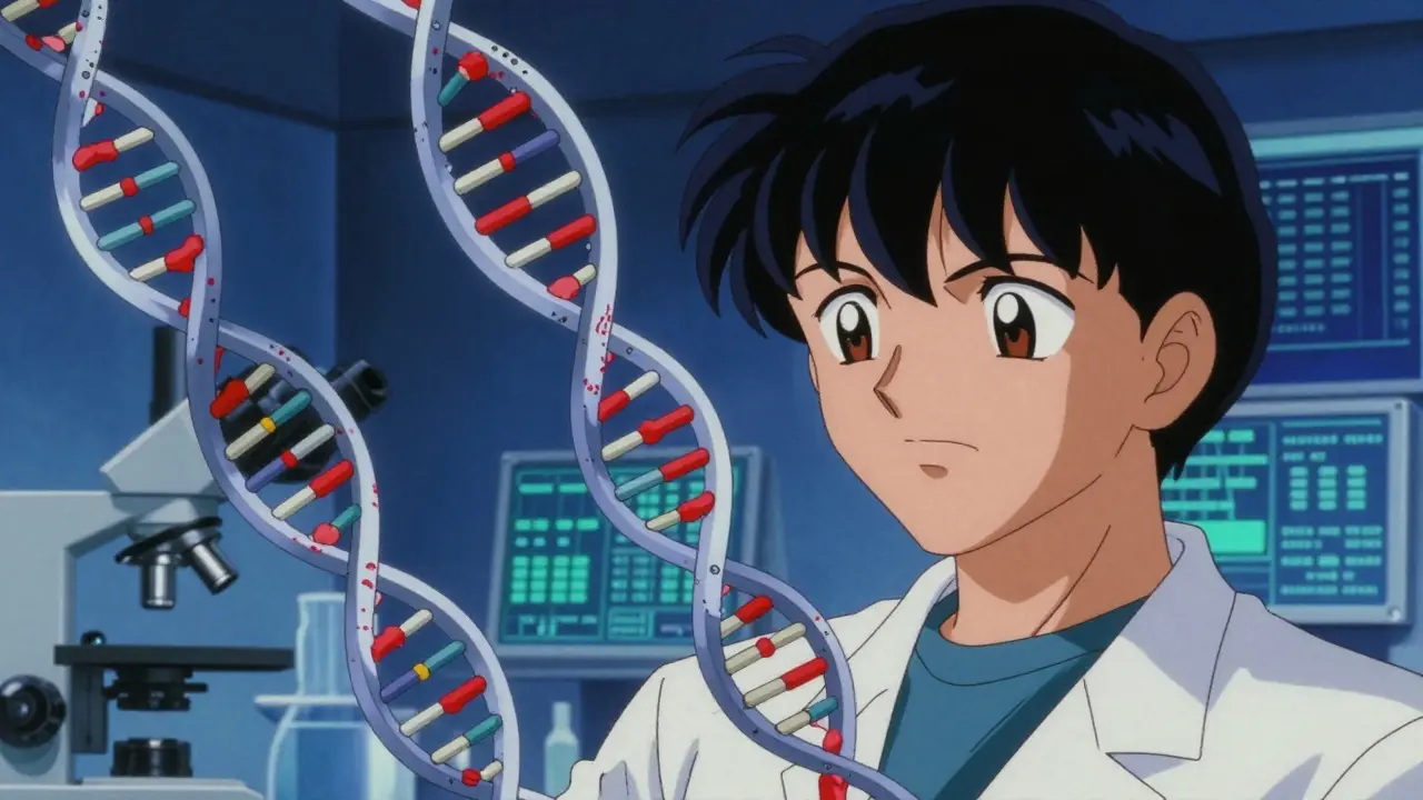90s anime illustration of scientists analyzing DNA sequences and identifying genetic mutations for treatment.