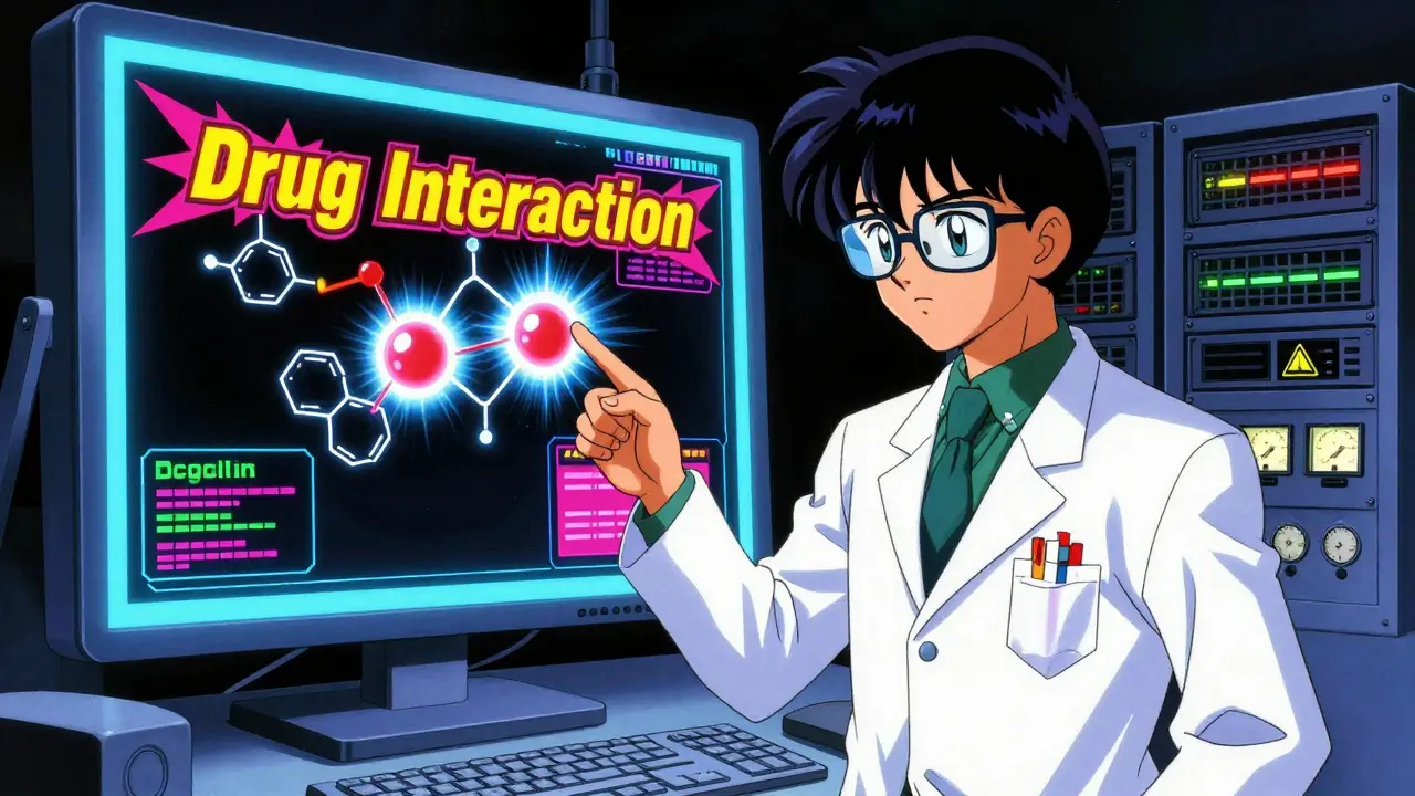 90s anime pharmacist analyzing drug interactions on a retro computer screen