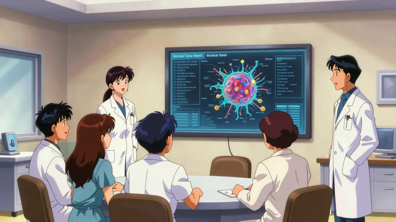 A medical team reviewing a holographic genomic profile in a retro-futuristic hospital setting.