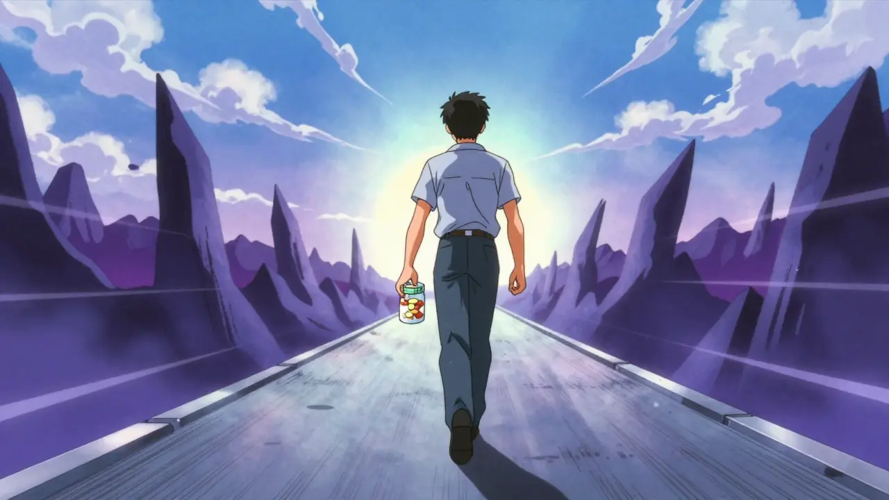 Anime character walking confidently on a clear path toward health and stability