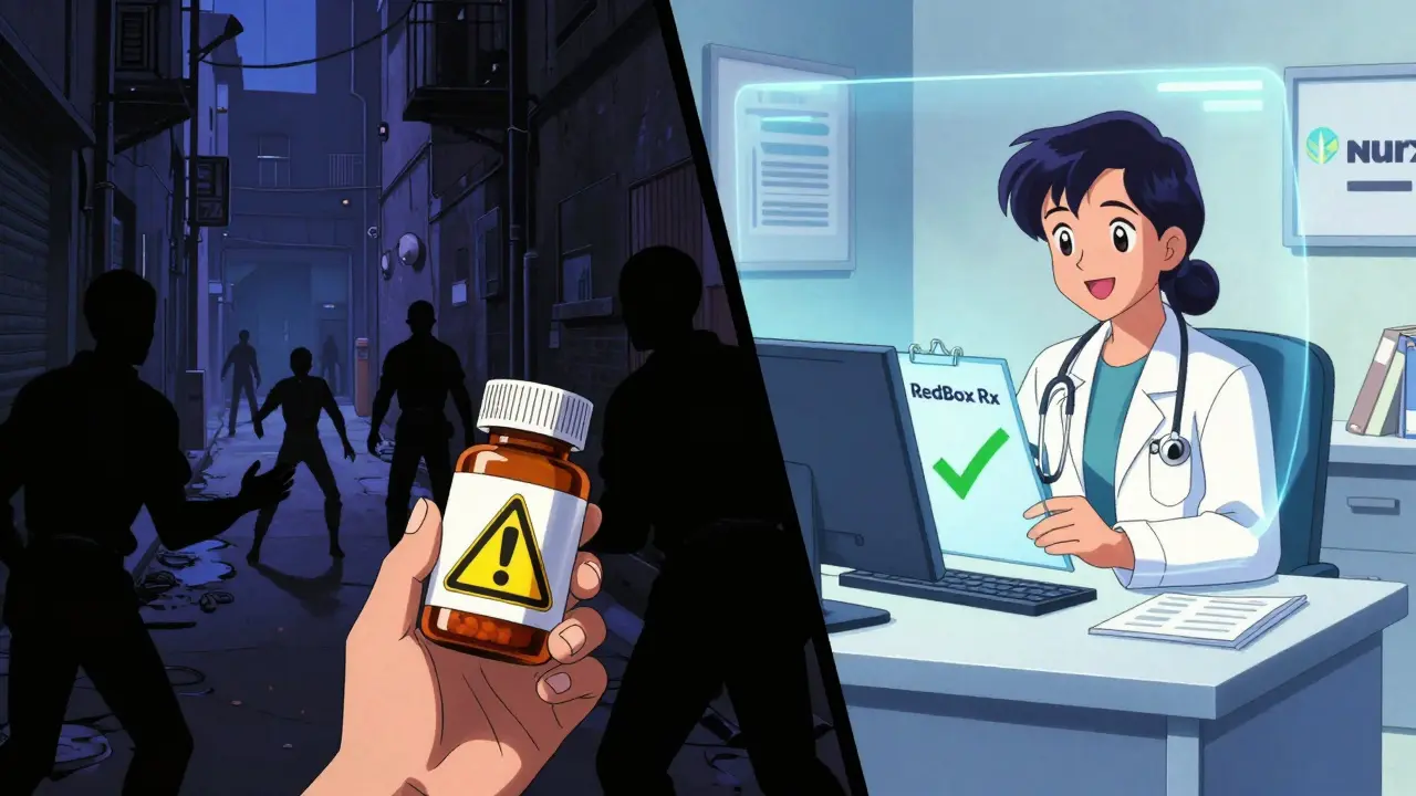 Anime illustration contrasting unsafe drug sites with safe telehealth services