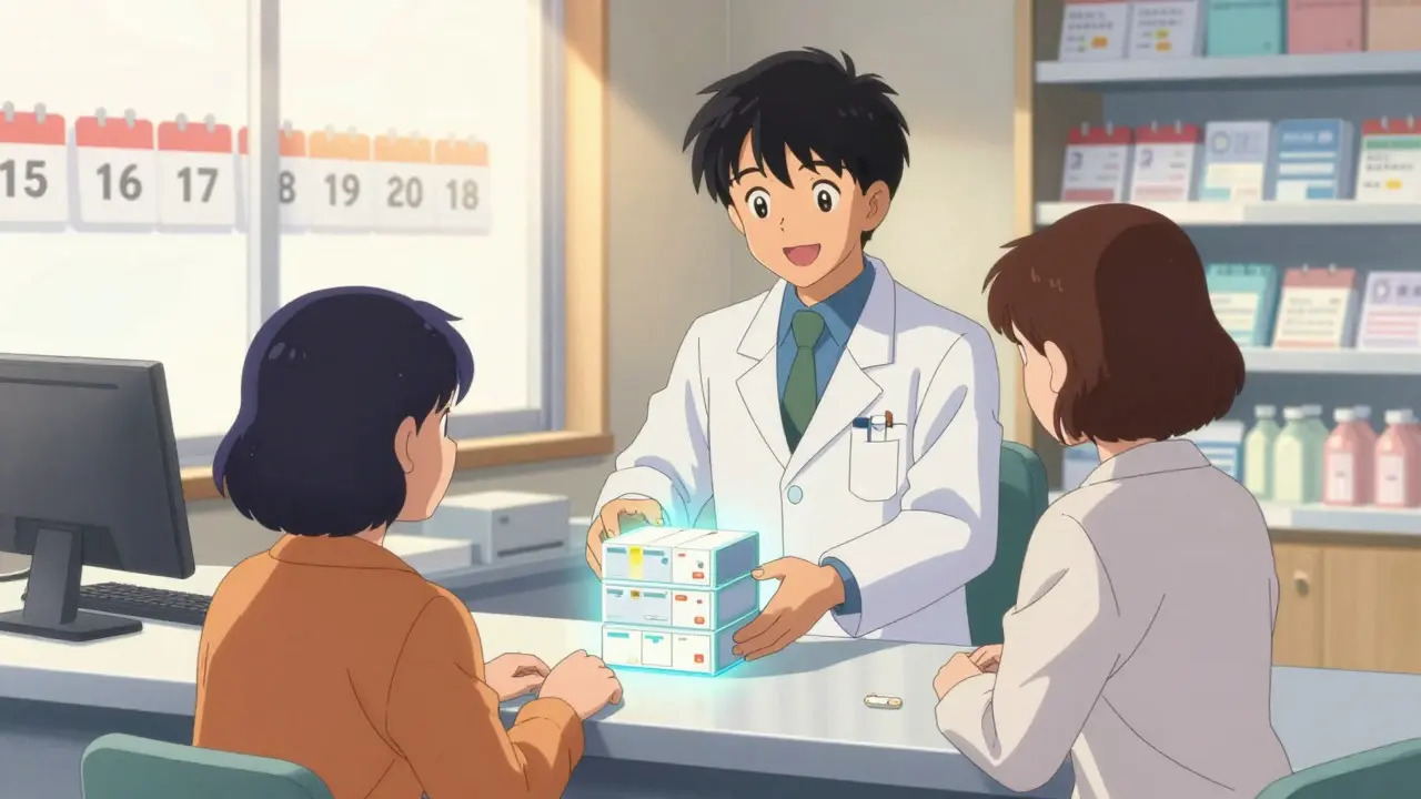 Anime illustration of synchronized monthly medication pickup at a pharmacy