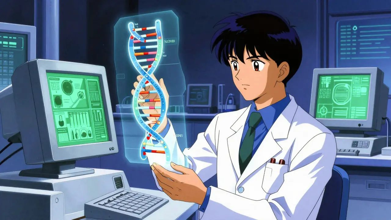 Anime scientist analyzing DNA helix in lab