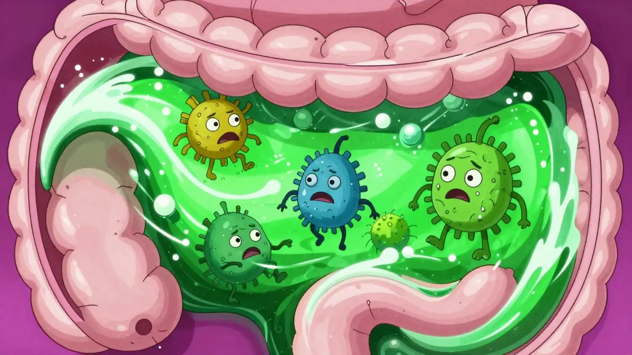 Anthropomorphic gut bacteria being washed away by green antibiotic waves