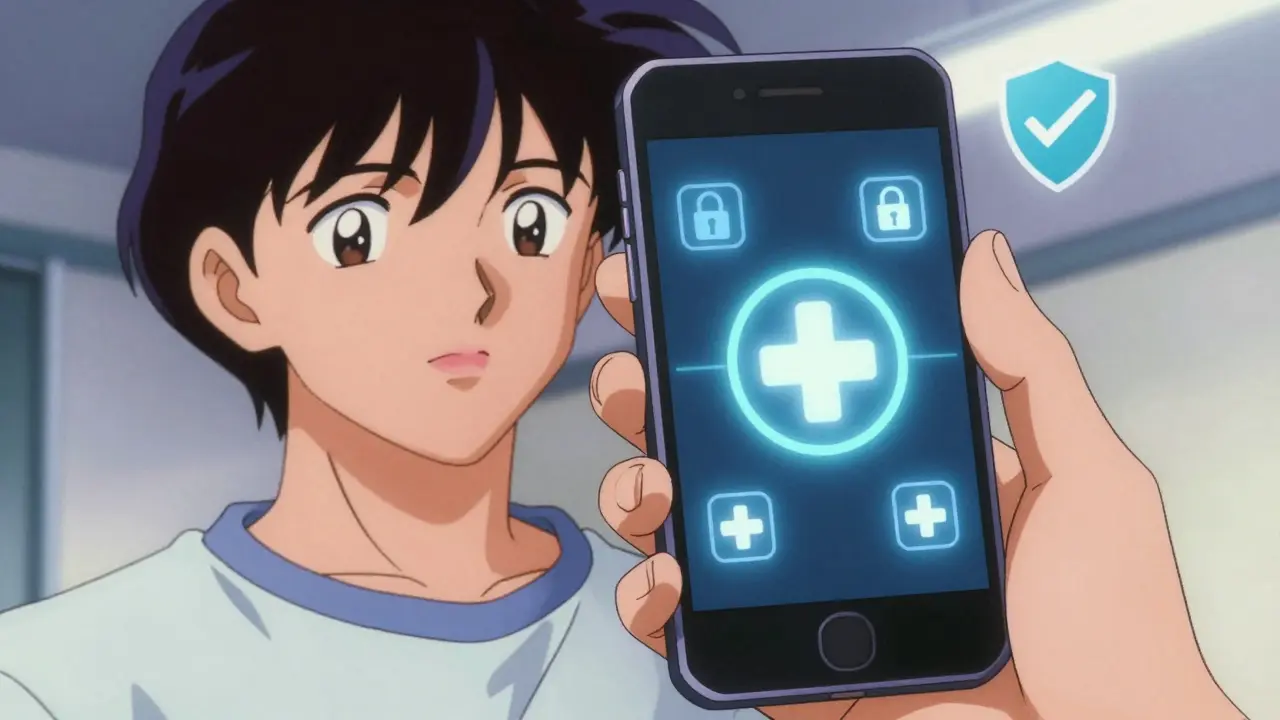 Calm person using device with abstract security icons representing safe online pharmacy