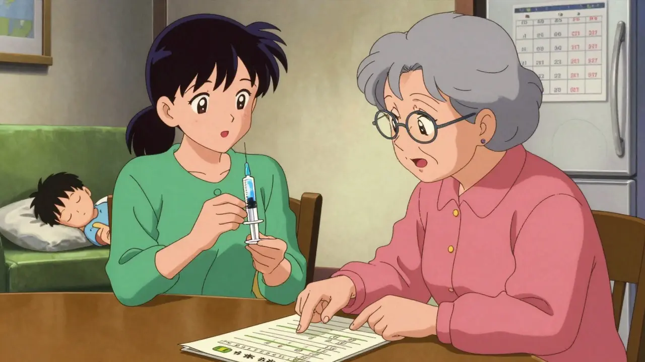 Caregivers checking a logbook and syringe in a warm living room