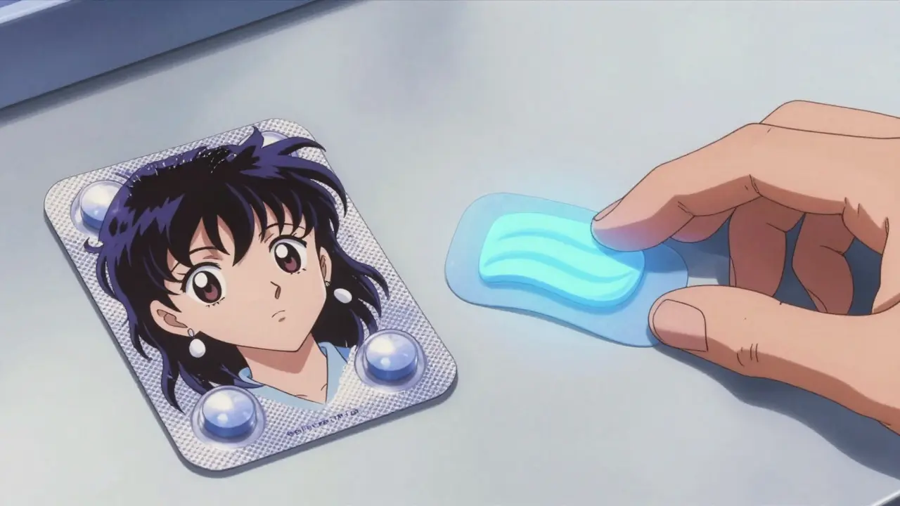 Comparison of oral HRT pills vs transdermal patch showing interaction risks in anime style