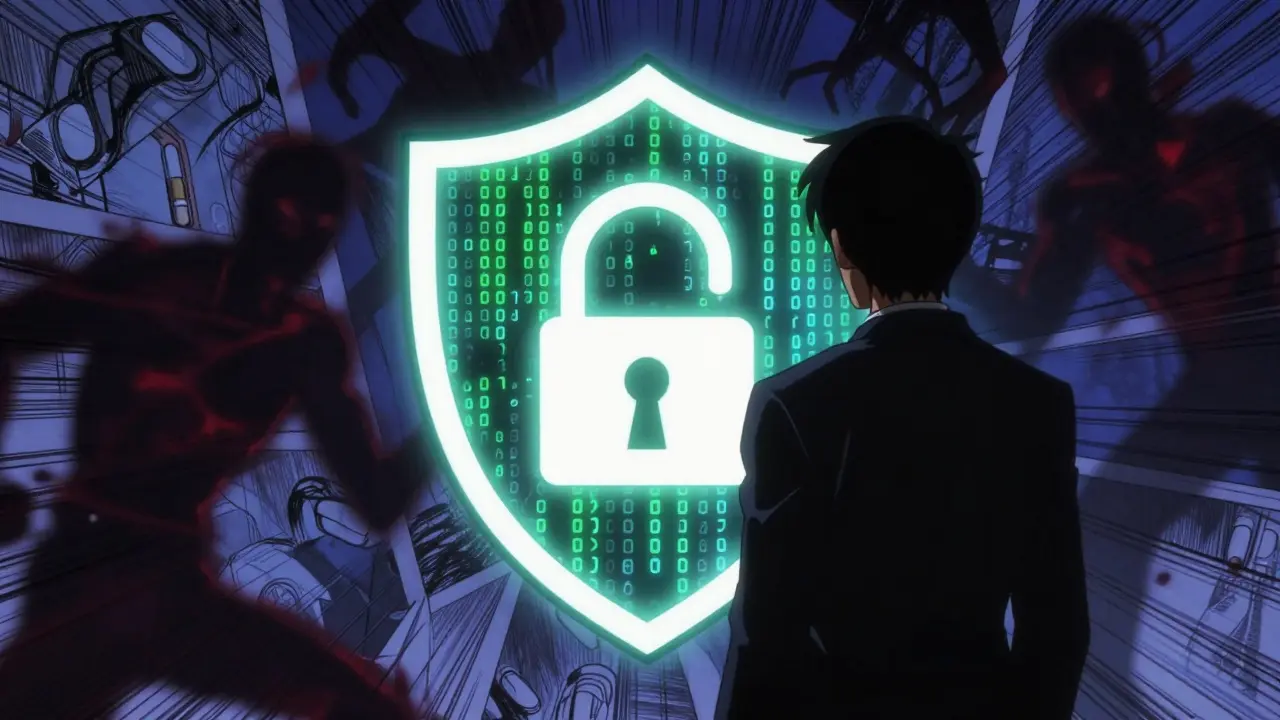 Digital shield protecting against fake drugs, symbolizing safe online pharmacy practices.