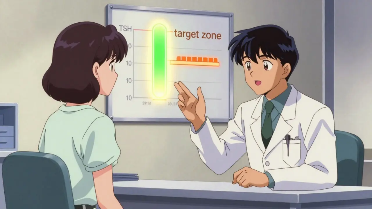 Doctor explaining TSH target levels to a patient in an office