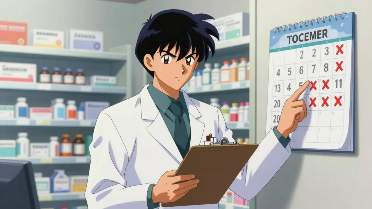 Doctor pointing at a monitoring calendar in a pharmacy setting