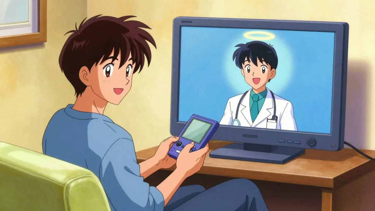 Patient smiling during a video call with a doctor on a screen