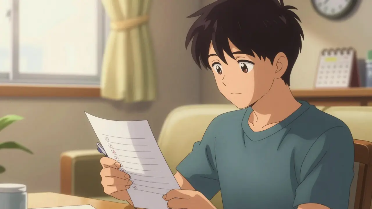 Person calmly reviewing a medication list in a sunny room, anime style.