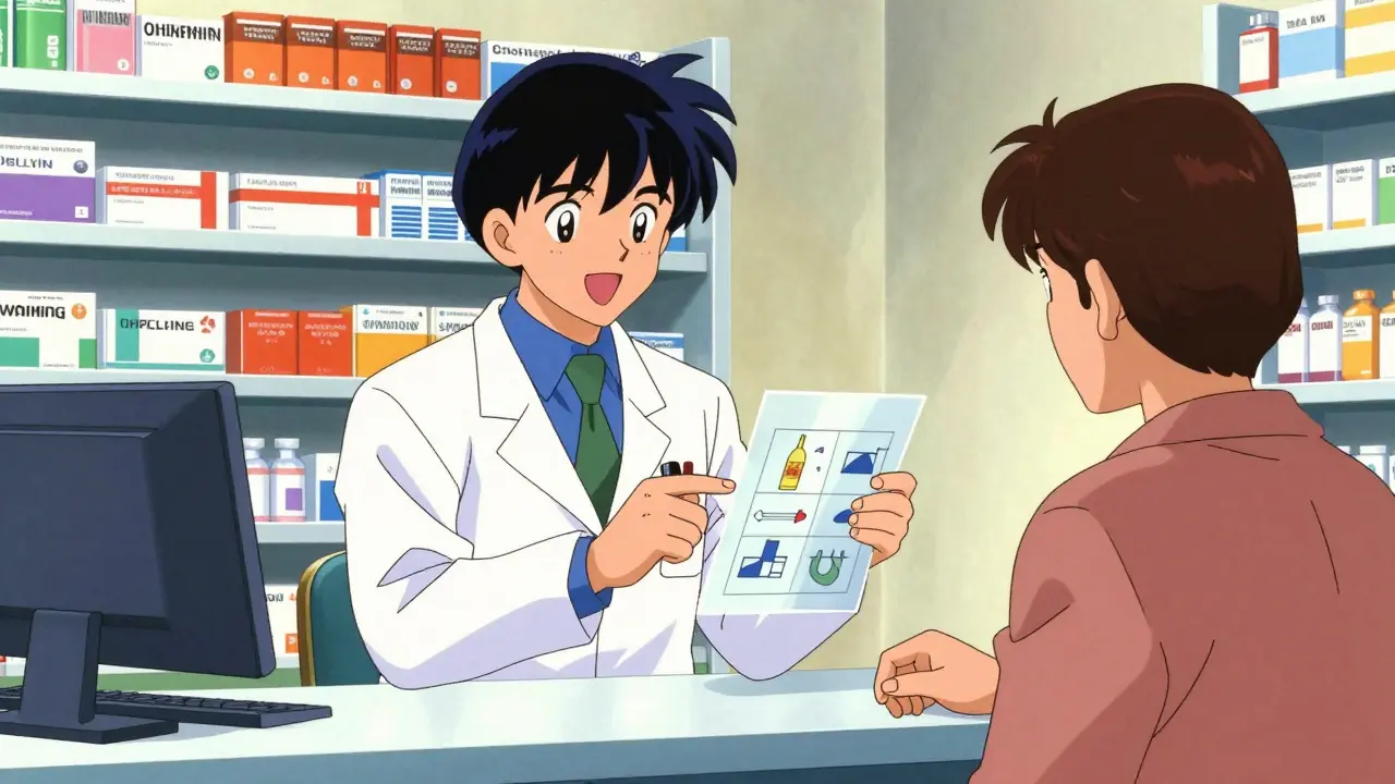 Pharmacist explaining medication clearly to a relieved patient in anime style.