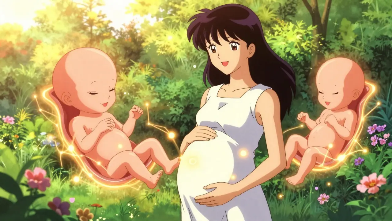 Pregnant woman surrounded by glowing symbols of healthy development
