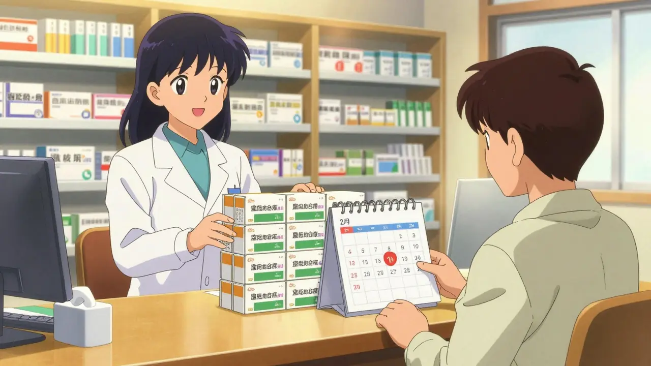 Relieved patient and pharmacist discussing synced meds in a cozy 90s anime pharmacy
