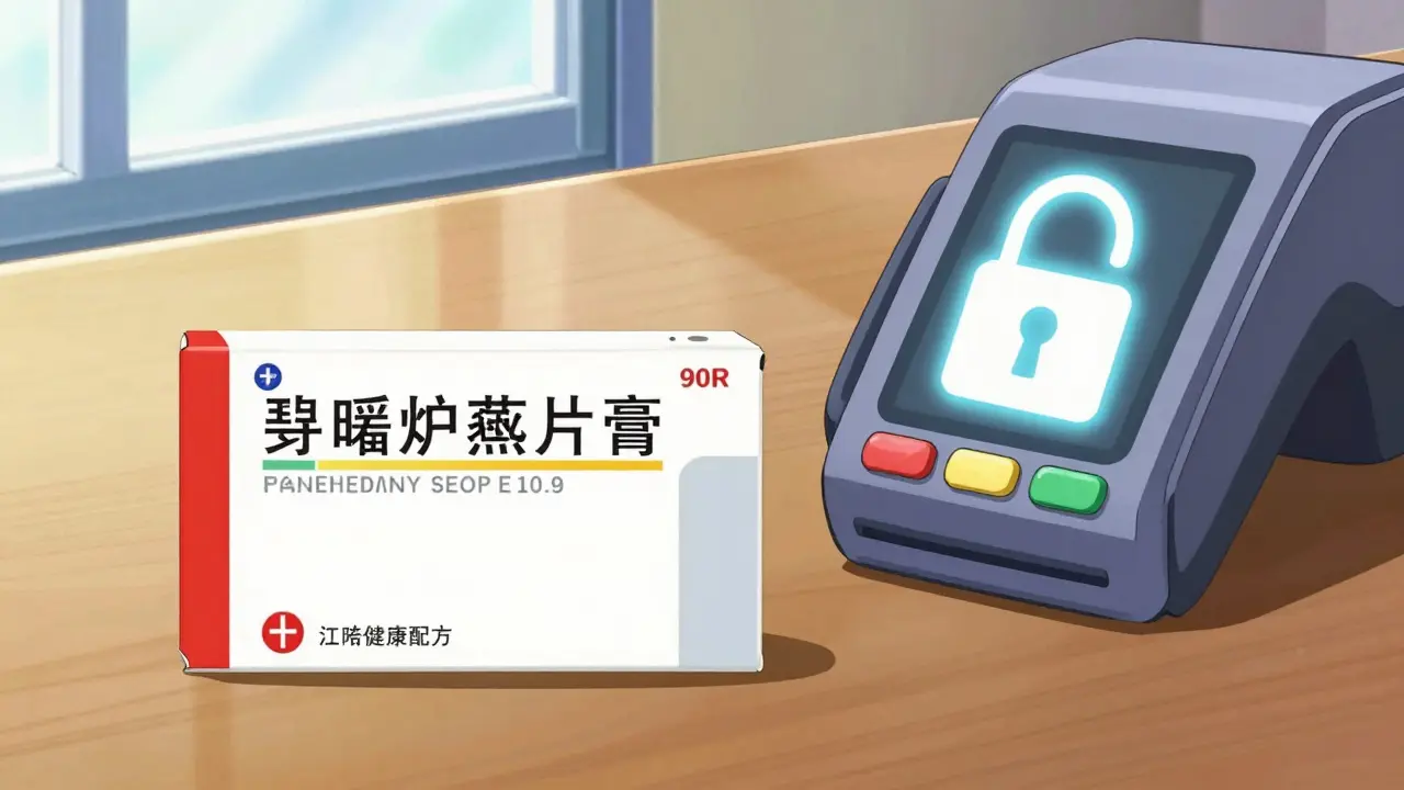 Safe prescription medication box next to a security padlock icon