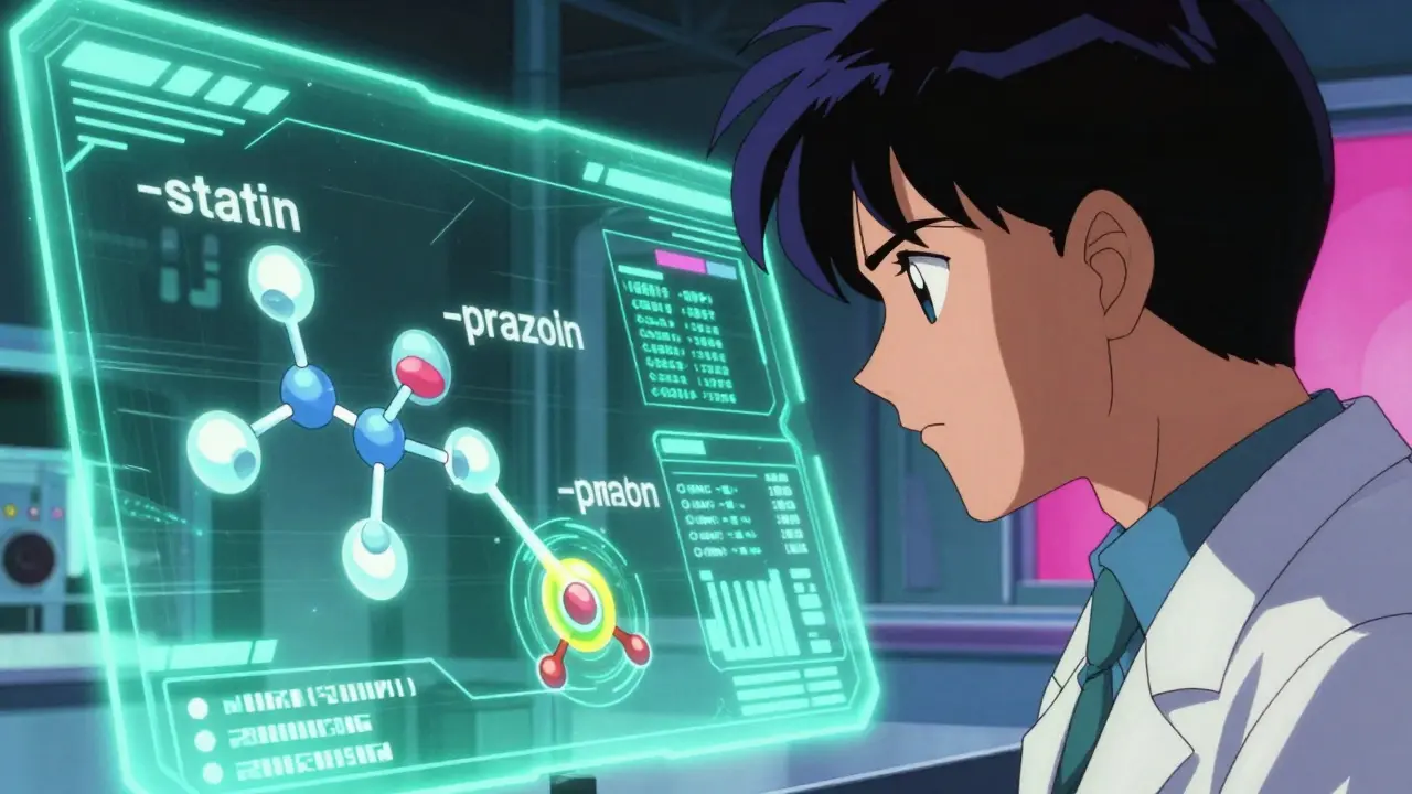 Scientist viewing molecular drug stems on a neon digital screen