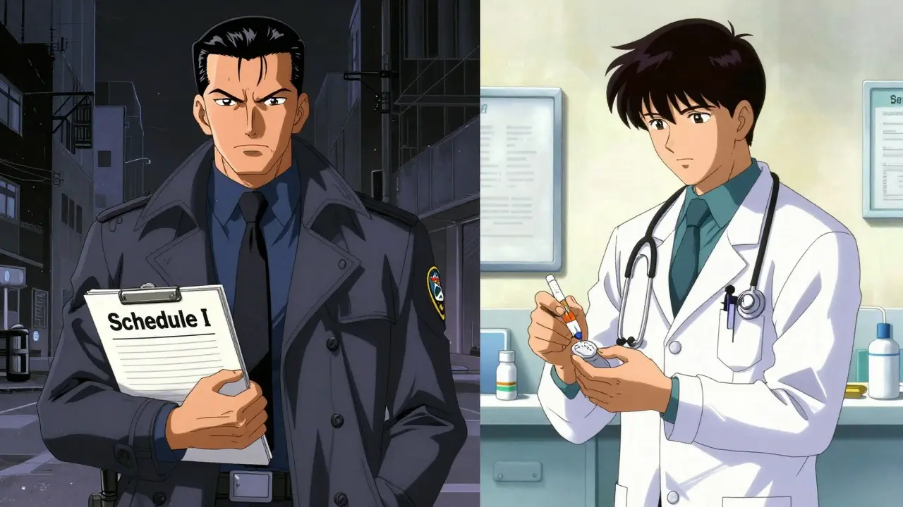 Split scene of DEA agent and doctor showing legal vs medical views
