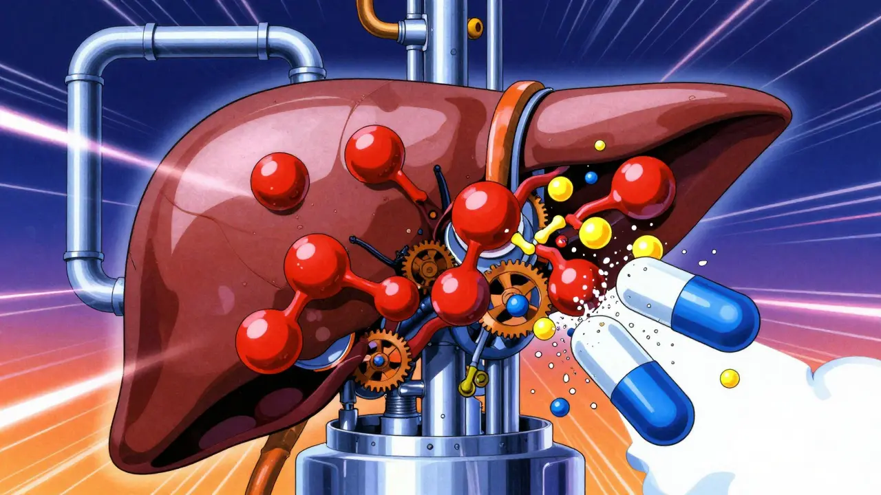 Stylized liver mechanism showing estrogen breaking down lamotrigine in 90s anime art