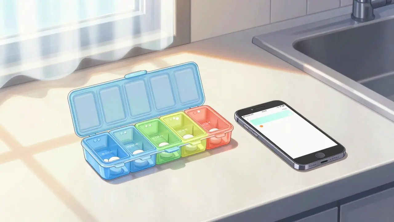 Weekly pill organizer and smartphone on a sunny kitchen counter