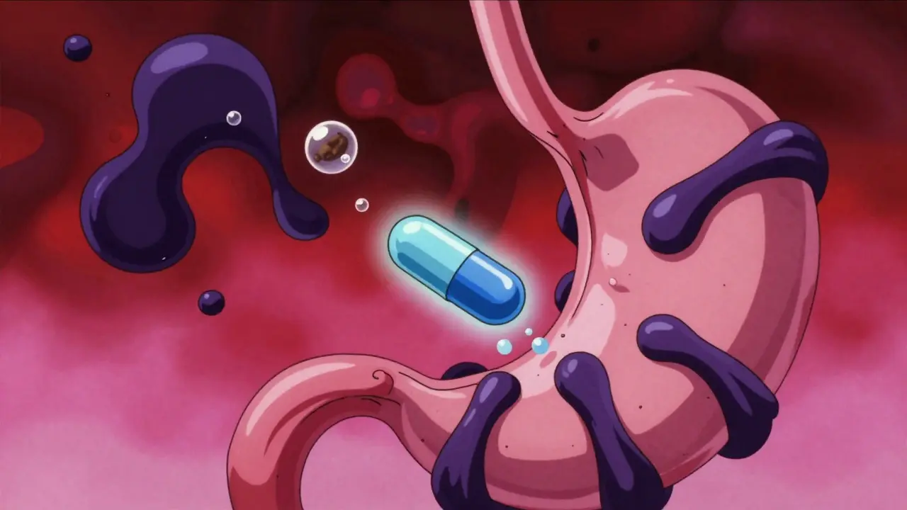 Abstract anime art showing thyroid pill trapped by coffee compounds in stomach.