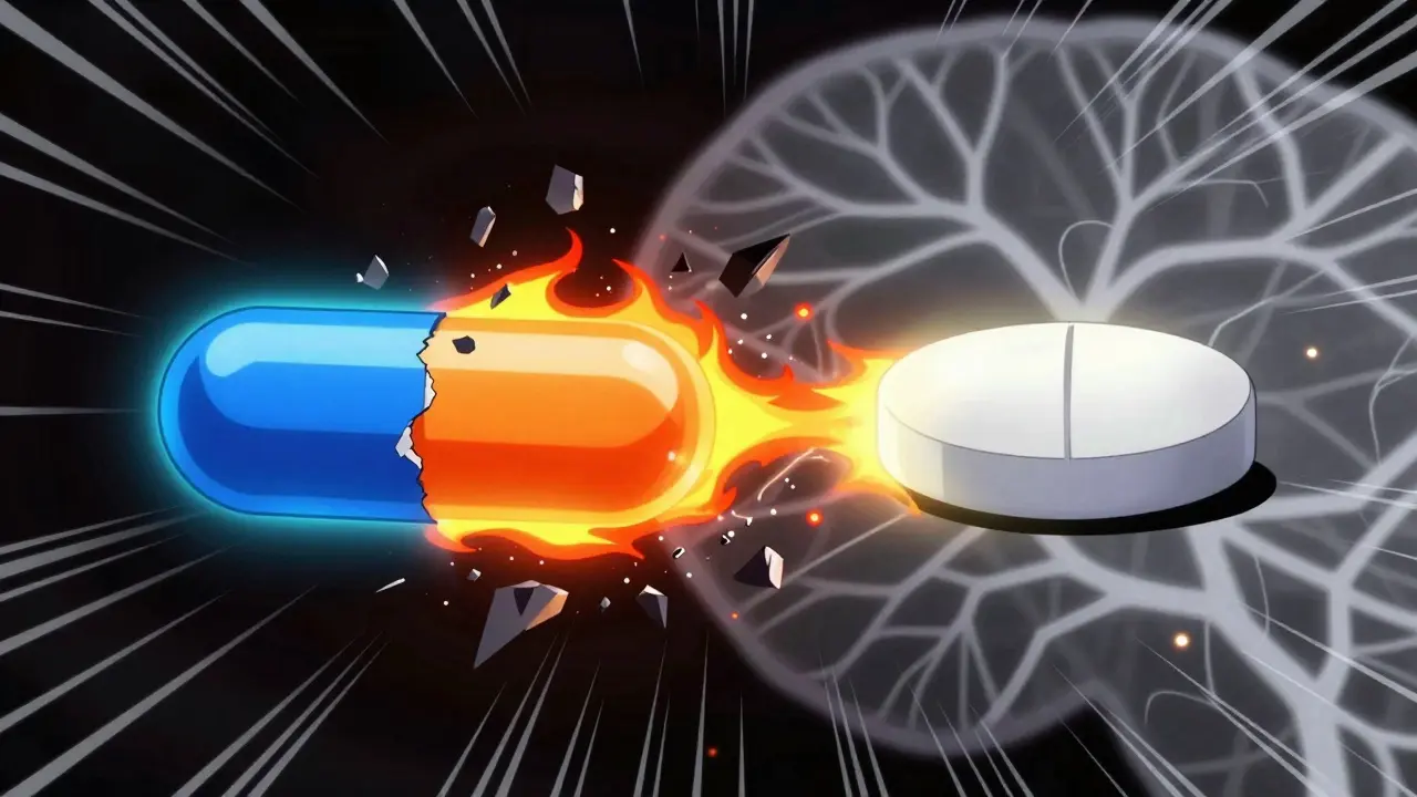 Abstract anime art showing two pills merging to defeat pain shards