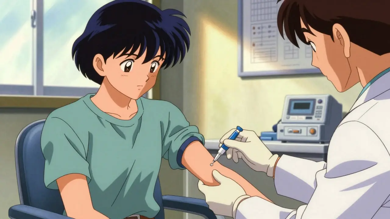 Allergist performing a penicillin skin test on a patient's arm in a bright clinic, 90s anime art.