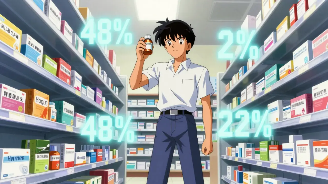 Anime character in pharmacy holding generic meds with floating stats