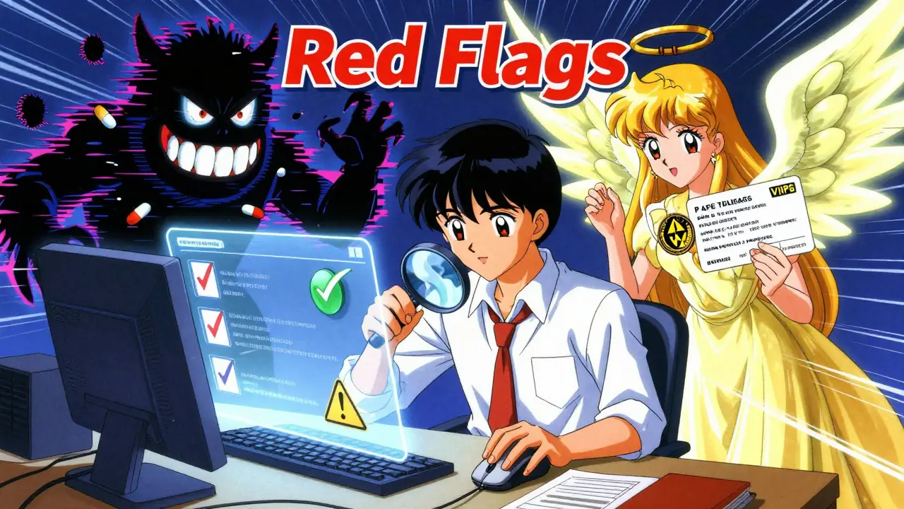 Anime character verifying online pharmacy safety, facing off against a glitch monster.