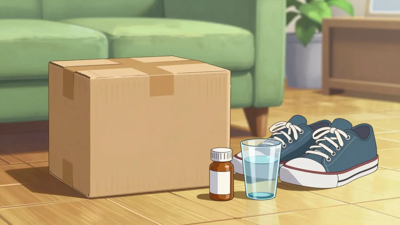 Discreet medicine package on floor next to shoes in sunny room