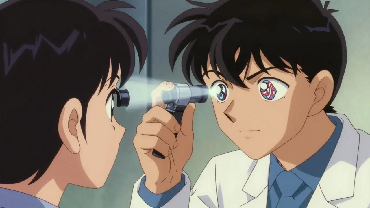 Doctor examining patient's eye with fundoscope in 90s anime style