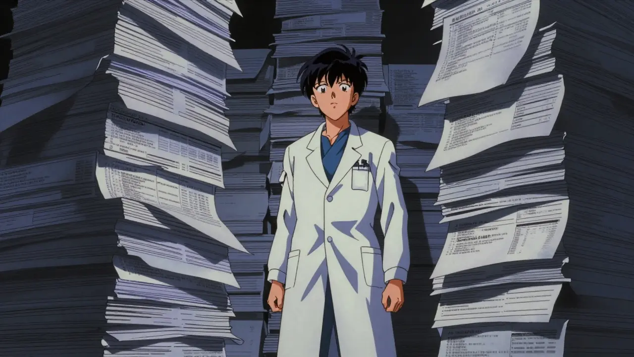 Doctor overwhelmed by large stack of medical documents