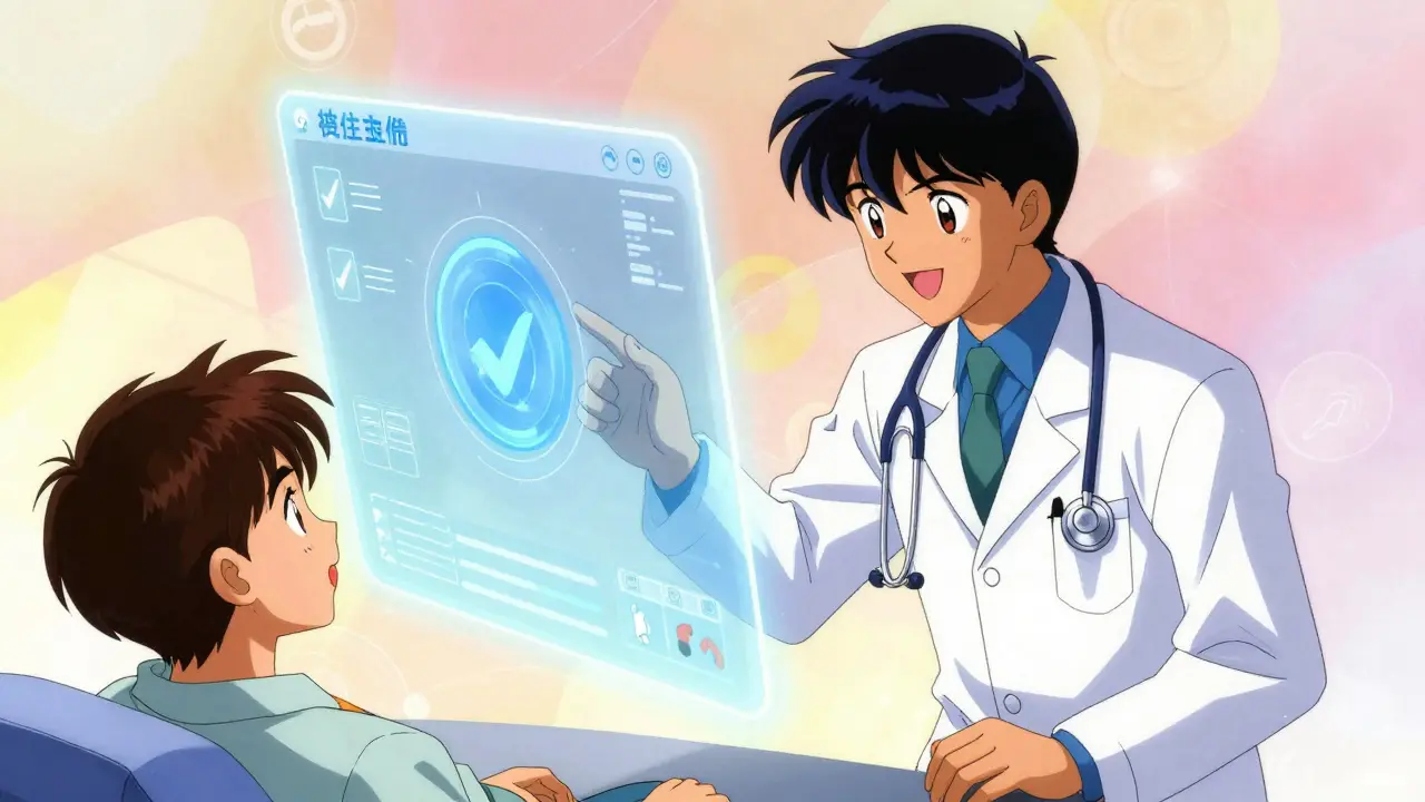 Holographic doctor avatar reviewing patient data in a safe digital space