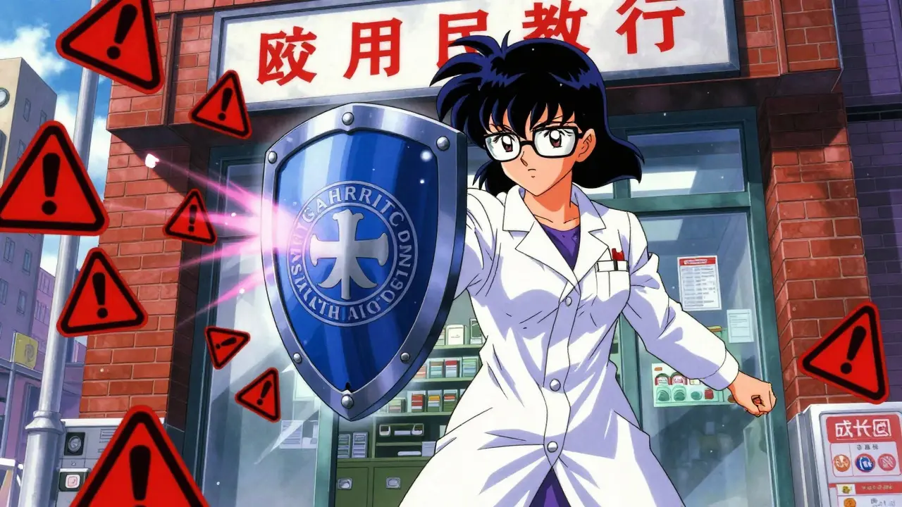 Manga-style pharmacist holding a shield against red warning symbols outside a pharmacy.