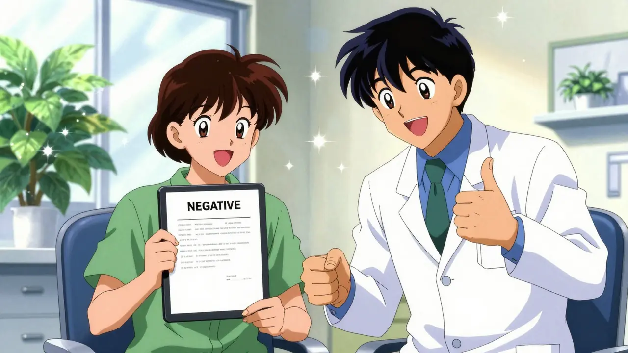 Patient smiling with negative test results, celebrating the removal of an allergy label, 90s anime.