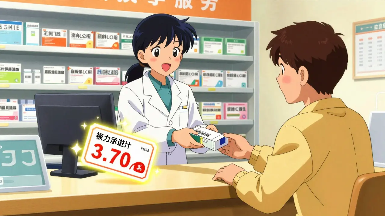 Relieved customer receiving medication from pharmacist with magical discount coupon