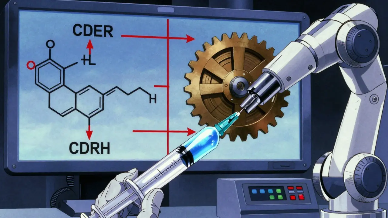Sci-fi lab examining a glowing antibiotic syringe with regulatory symbols