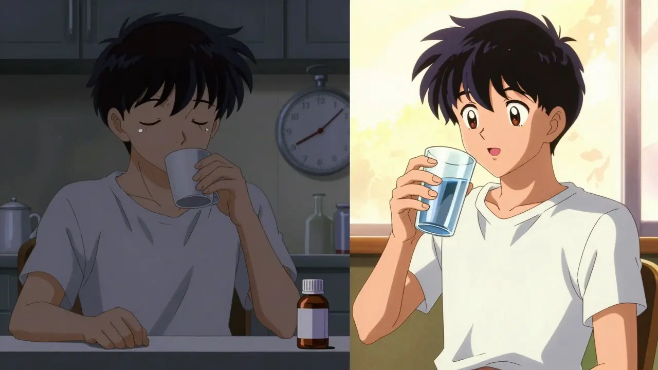 Split anime scene comparing tired vs energized states based on med timing.