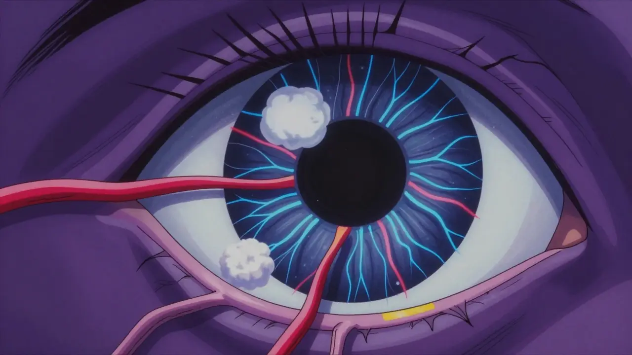 Stylized cross-section of retina showing blood vessels and cotton wool spots