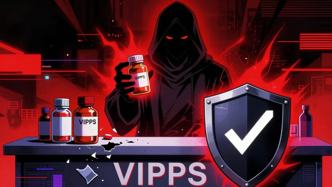 Warning illustration against fake online pharmacies