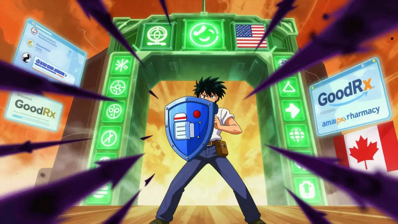 Anime character defending against scam arrows with a prescription shield