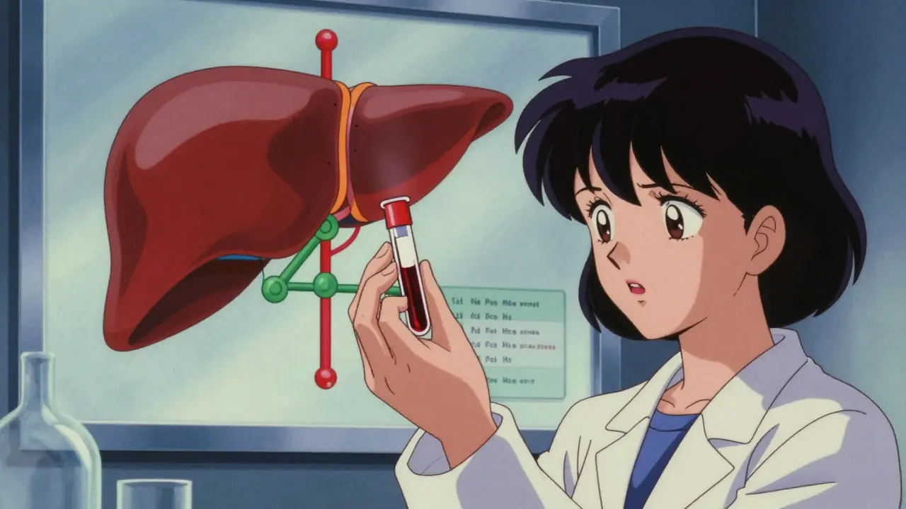 Anime character holding blood sample near liver enzyme diagram